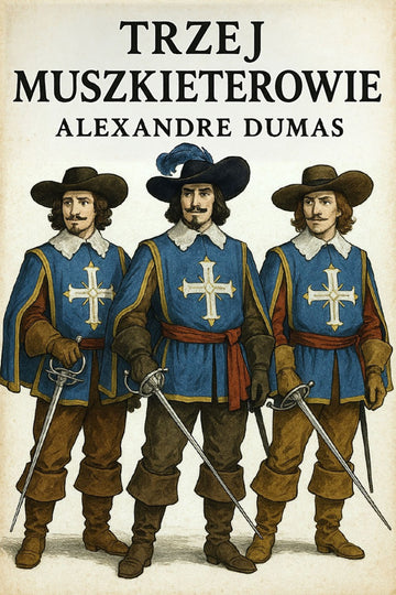 Book cover of 'Trzej muszkieterowie' by Alexandre Dumas featuring three musketeers in uniform.
