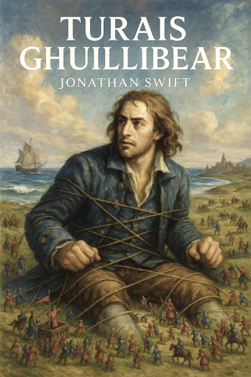 Book cover of 'Turais Ghuillibear' by Jonathan Swift with a painting of a man sitting on a beach.