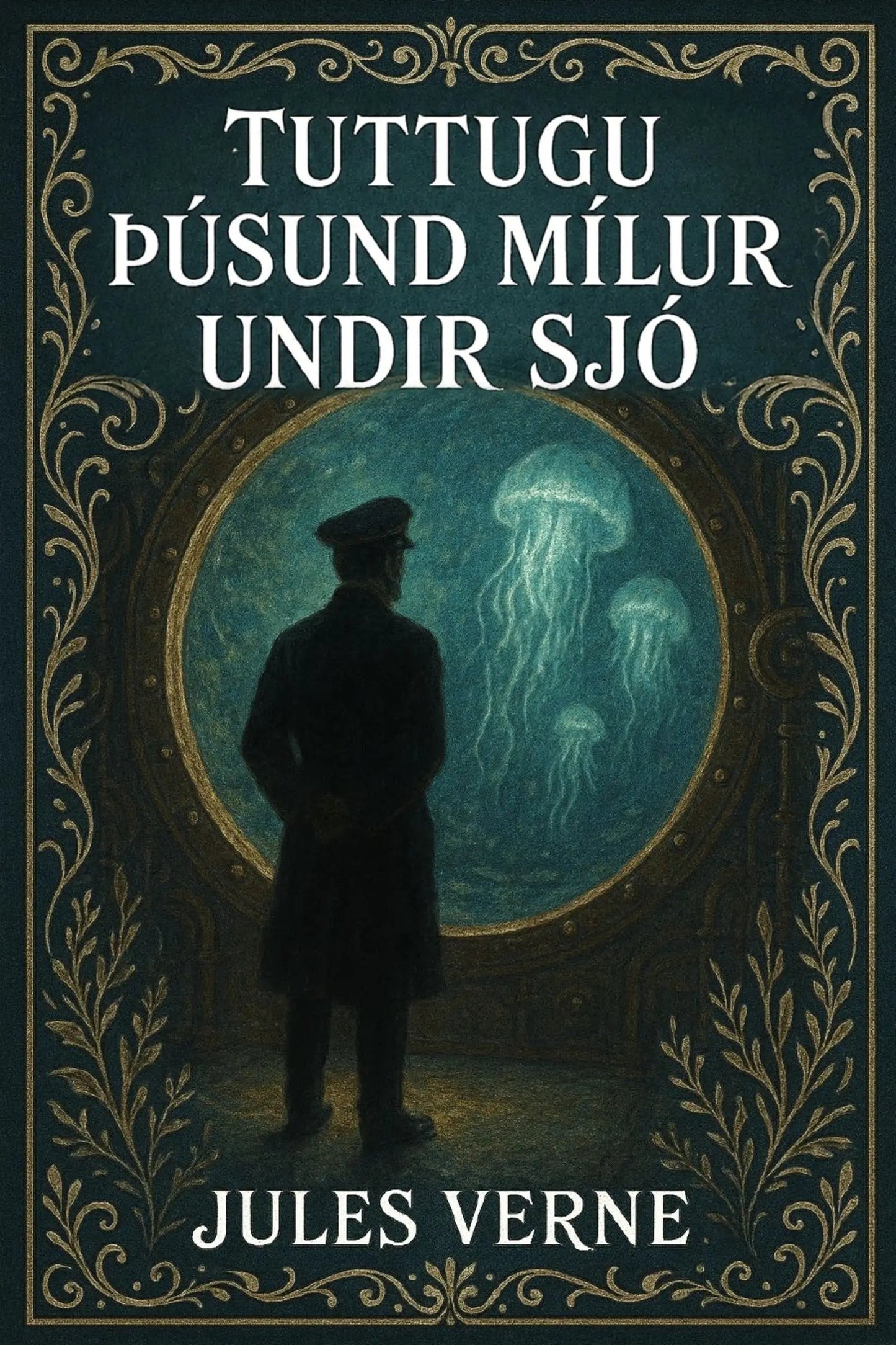 Book cover for 'Tuttugu þúsund mílur undir sjó' by Jules Verne, featuring a dark illustration of a man in a lifeboat looking out toward glowing jellyfish in the ocean, framed by ornate gold decorative borders.