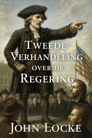 Book cover for 'Tweede verhandeling over de regering' by John Locke, featuring a historical painting of a colonial figure pointing while addressing a crowd, with an American flag in the background.