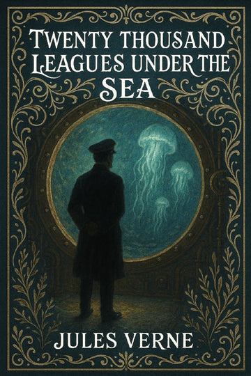 Book cover of 'Twenty Thousand Leagues Under the Sea' by Jules Verne, featuring a silhouette of a person looking at a jellyfish.