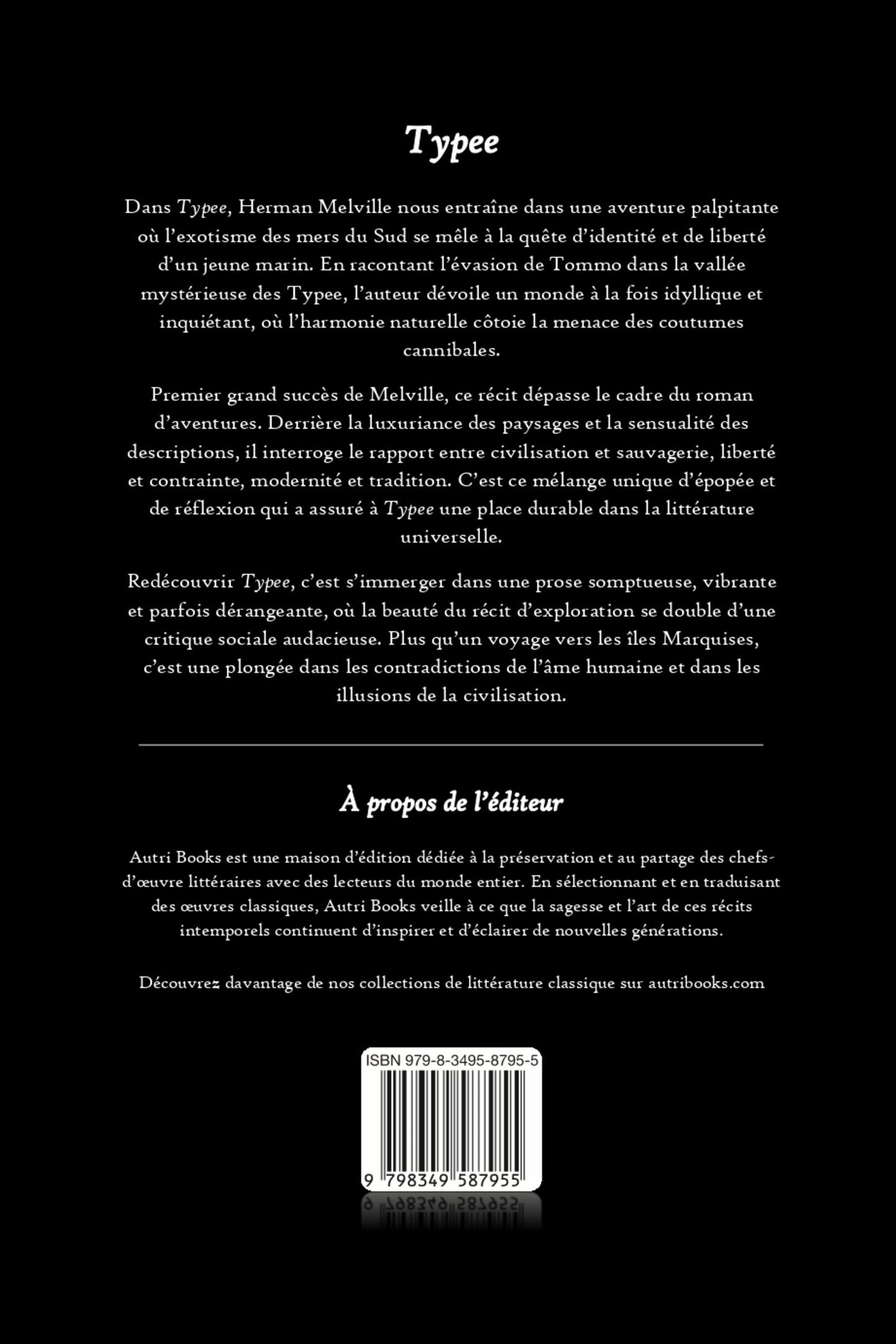 Back cover of a book with french text and a black background