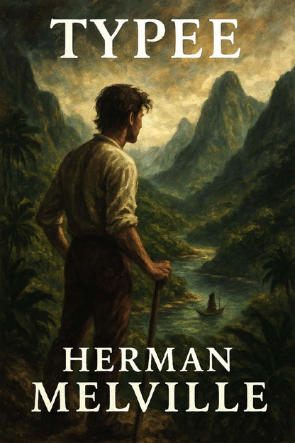 Book cover of 'Typee' by Herman Melville with a man looking over a tropical landscape.