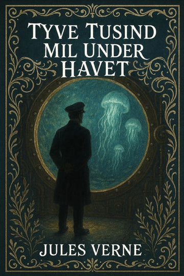 Book cover for 'Tyve tusind mil under havet' by Jules Verne, featuring a dark navy and gold ornate border, a silhouette of a man facing a glowing blue-green underwater scene with jellyfish, and white title text at the top.
