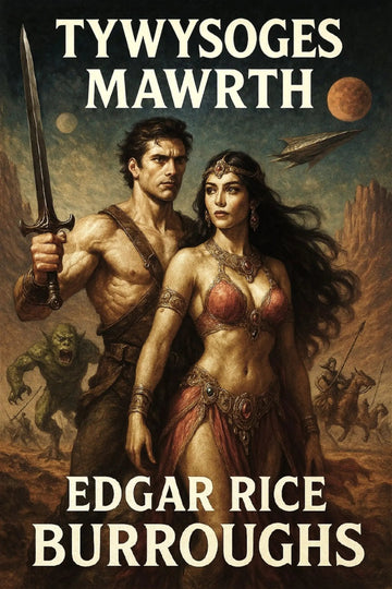 Book cover for 'Tywysoges Mawrth' by Edgar Rice Burroughs, featuring an illustrated fantasy scene with a muscular man holding a sword and a woman in ornate red clothing, set against a desert-like landscape with text at the top and bottom.