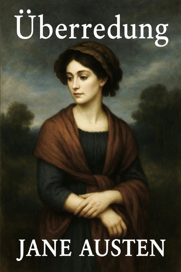 Book cover for 'Überredung' by Jane Austen, featuring a classical painting of a woman in a brown shawl and dark dress against a moody landscape, with the title and author name in white text.
