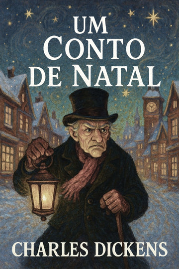 Book cover of 'Um conto de Natal' by Charles Dickens with a man holding a lantern in a snowy village scene.