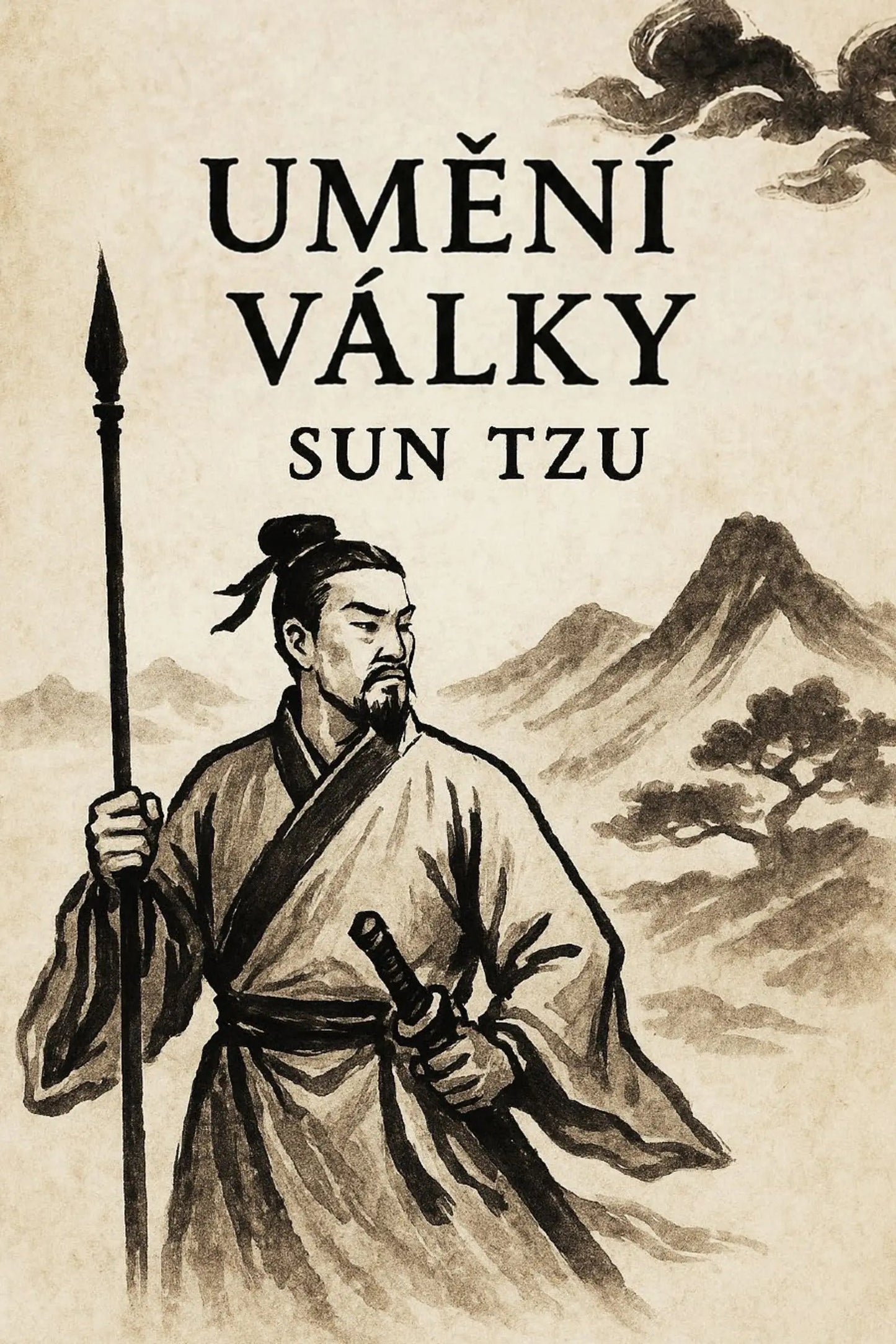 A book cover for 'Umění války' featuring an illustrated figure in traditional robes holding a spear, with a mountain landscape in the background.