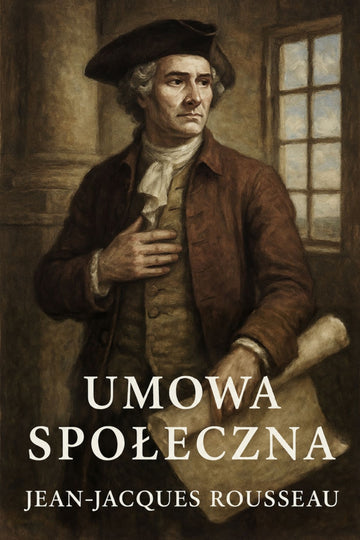 Book cover of 'Umowa społeczna' by Jean-Jacques Rousseau with a historical figure holding a document.