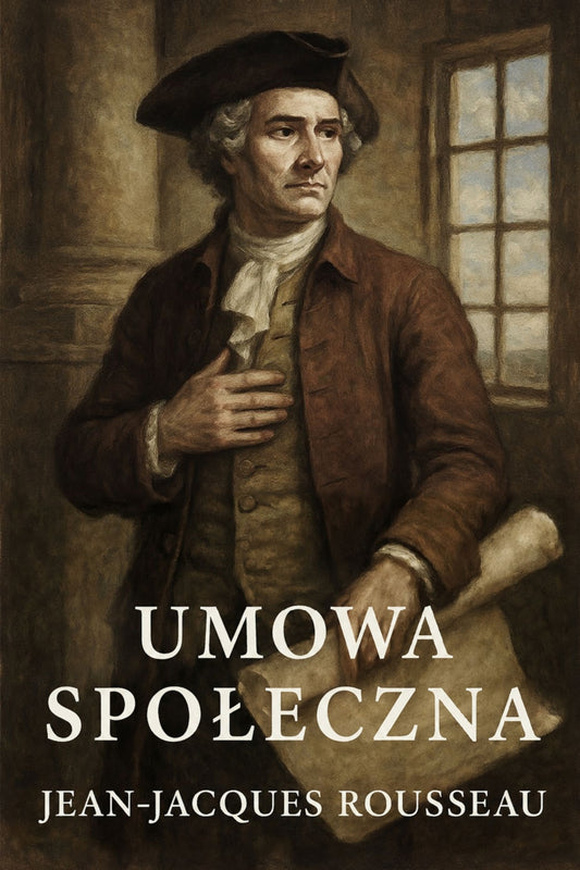 Book cover of 'Umowa społeczna' by Jean-Jacques Rousseau with a historical figure holding a document.