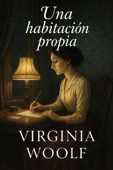 Book cover of 'Una habitación propia' by Virginia Woolf with a woman writing at a desk.