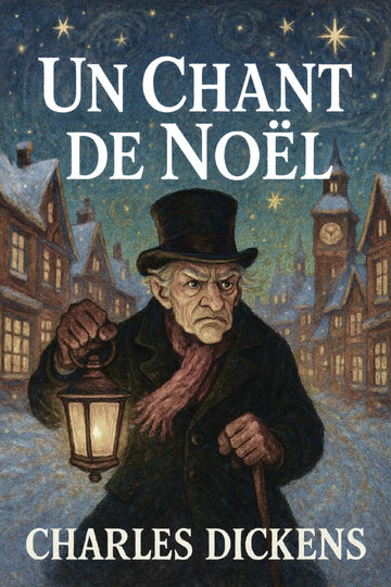 Book cover of 'Un chant de Noël' by Charles Dickens with a man holding a lantern in a snowy village scene.