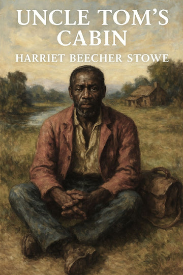 Book cover of 'Uncle Tom's Cabin' by Harriet Beecher Stowe with a man sitting on the ground.