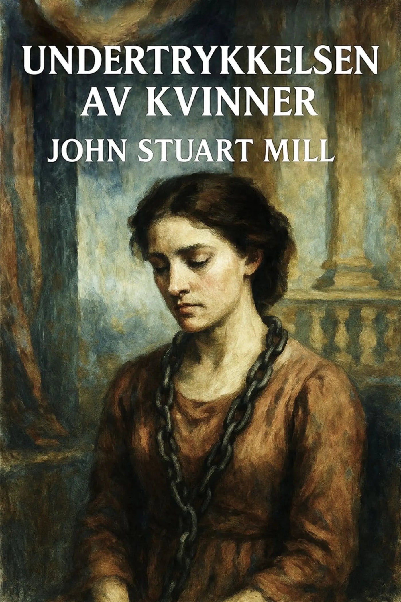 Book cover of 'Undertrykkelsen av kvinner' by John Stuart Mill with a woman's portrait and text.