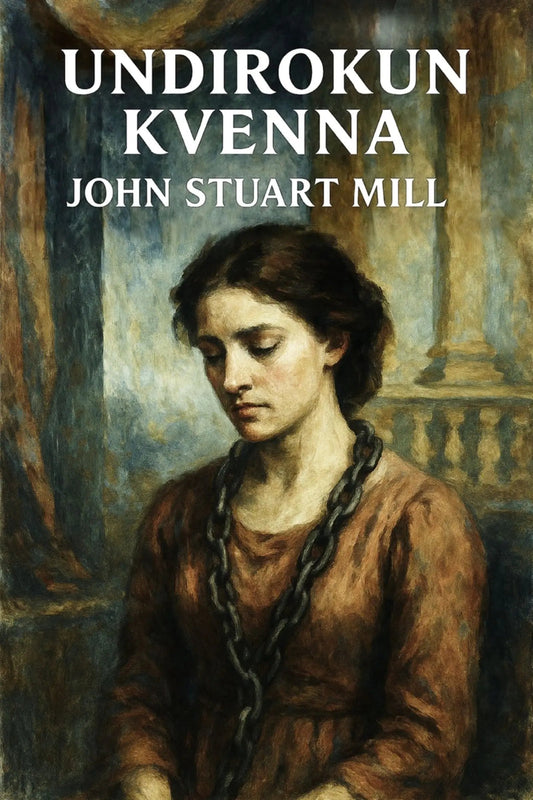 Book cover for 'Undirokun kvenna' by John Stuart Mill, featuring a painted portrait of a woman in a brown dress with a chain around her neck against a dark interior background.