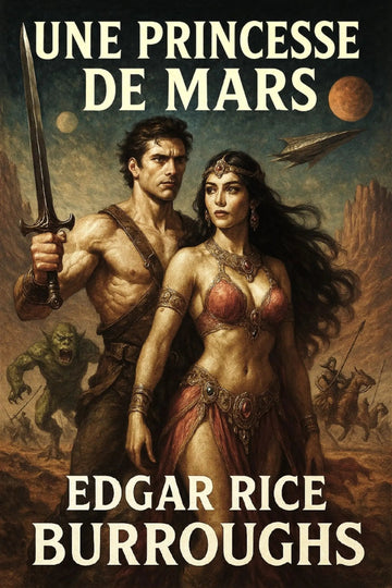 Book cover for 'Une princesse de Mars' by Edgar Rice Burroughs, featuring an illustrated scene of a muscular man holding a sword and a woman in a red bikini-style outfit, set against a desert landscape with a spaceship and monsters.
