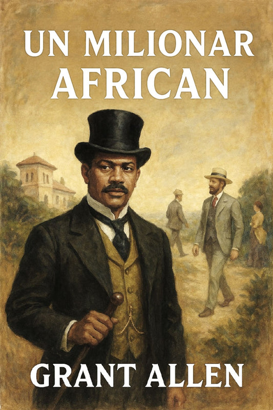 Book cover of 'Un milionar african' by Grant Allen with a man in formal attire and another person in the background.