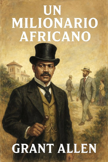 Book cover for 'Un milionario africano' by Grant Allen, featuring a painted portrait of a man in a black top hat and dark suit against a sepia-toned background with other figures and buildings.