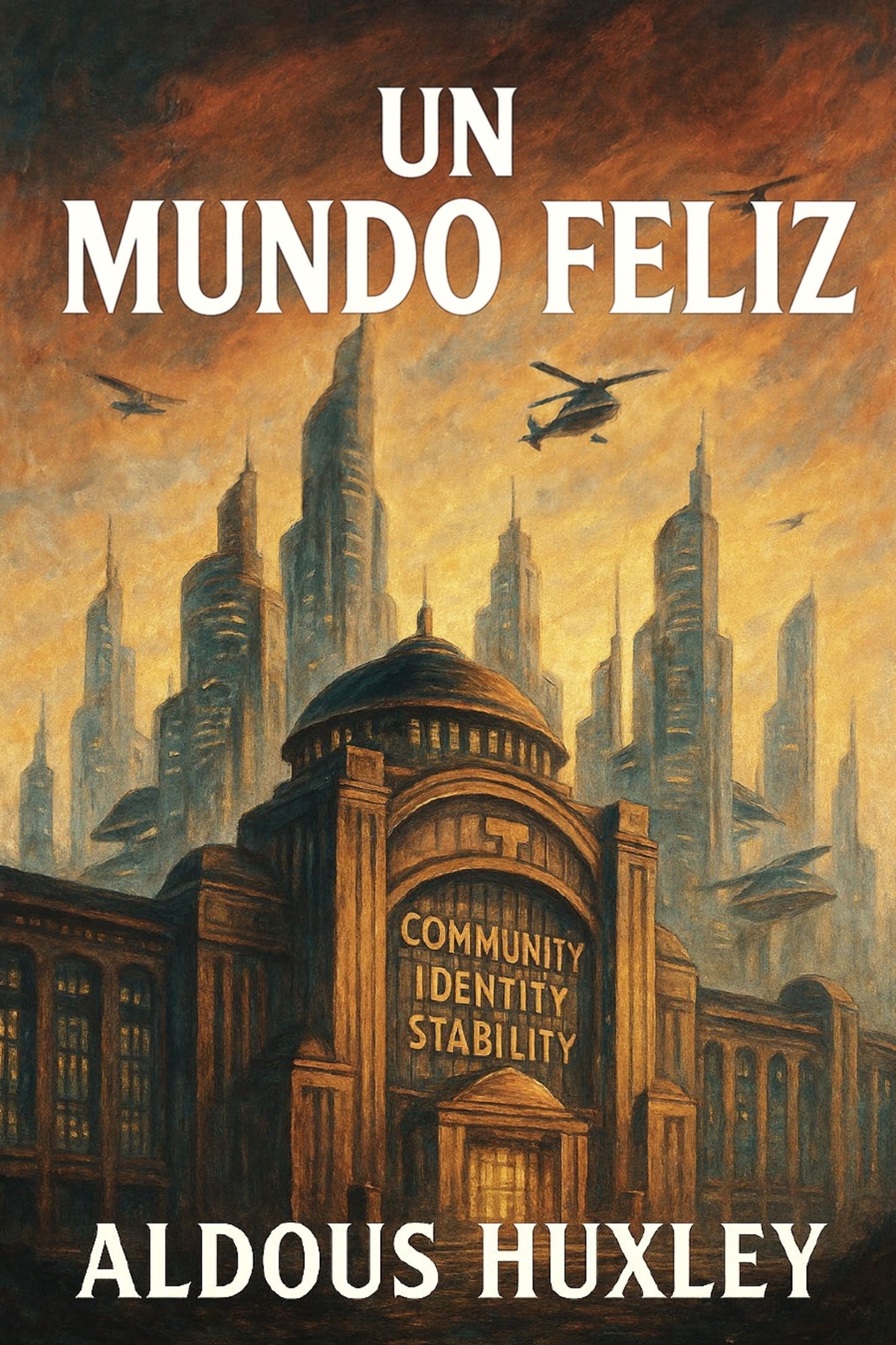 Book cover of 'Un mundo feliz' by Aldous Huxley with a futuristic cityscape.