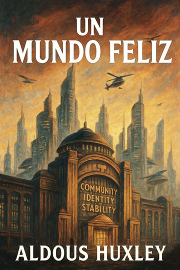 Book cover of 'Un mundo feliz' by Aldous Huxley with a futuristic cityscape.
