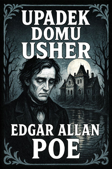 Book cover of 'Upadek domu Usher' by Edgar Allan Poe featuring a dark, eerie landscape.