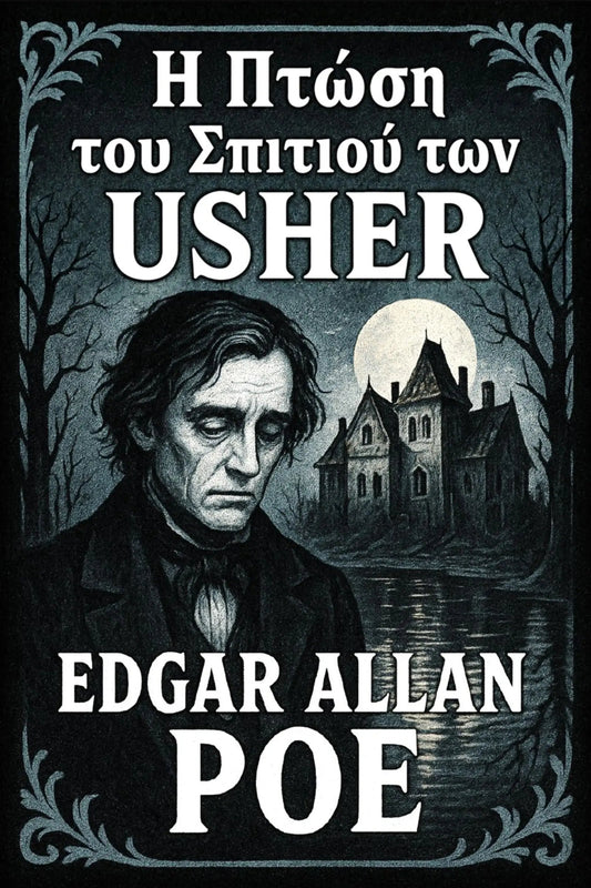 Greek book cover for 'Η Πτώση του Σπιτιού των Usher' by Edgar Allan Poe, featuring a dark gothic illustration of a man's portrait, a haunted house under a full moon, and white text on a black background.