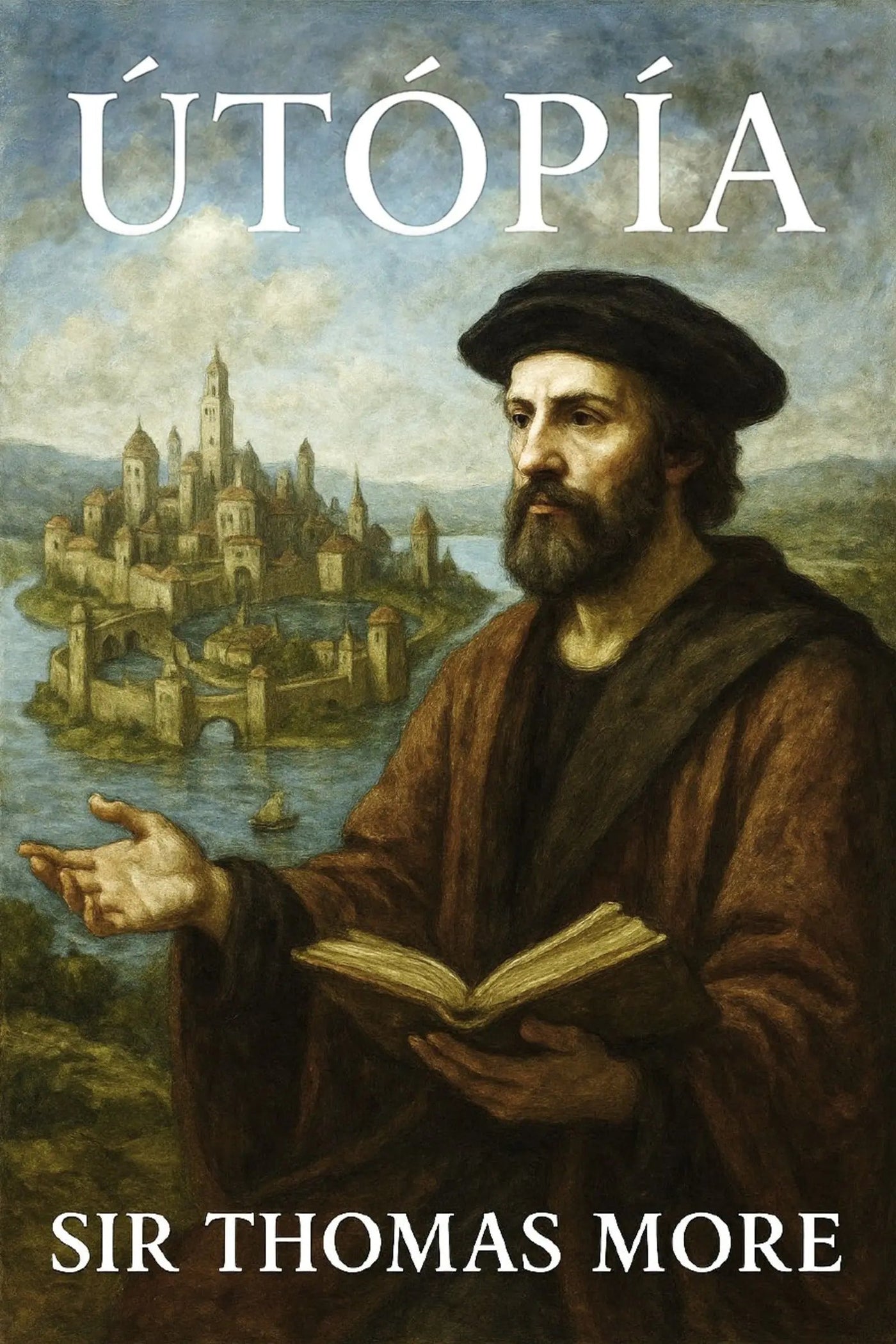 Book cover for 'Útópía' by Sir Thomas More, featuring a classical painting of a bearded man in a black hat and brown robe holding an open book, with a city by the water in the background and the title in large white letters at the top.