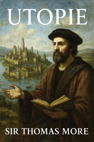 Book cover of 'Utopie' by Sir Thomas More with a classical illustration of a man holding a book and a vision of a utopian city.