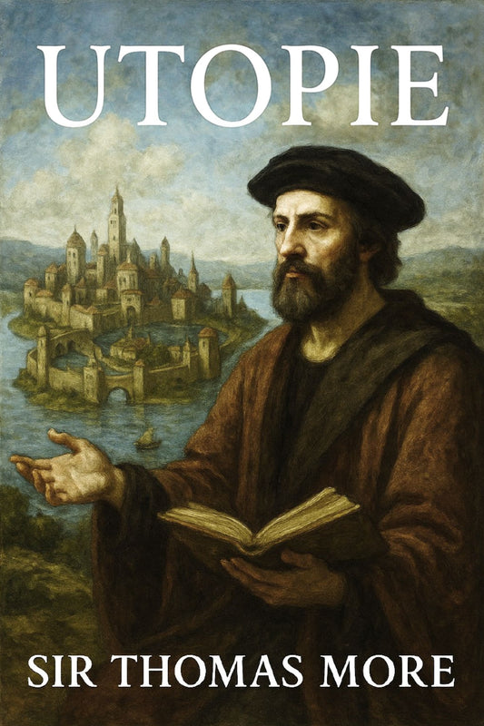 Book cover of 'Utopie' by Sir Thomas More with a classical illustration of a man holding a book and a vision of a utopian city.