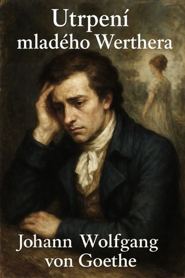 Book cover for 'Utrpení mladého Werthera' by Johann Wolfgang von Goethe, featuring a classical painting portrait of Werther in a dark coat with white cravat against a dark background, with the title and author name in white text.