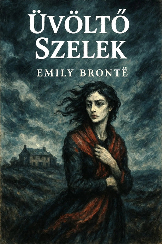 Book cover for 'Üvöltő szelek' by Emily Brontë, featuring a dark, moody painting of a woman in a red shawl against a stormy sky with a cottage in the background.