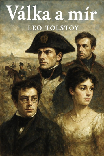 Book cover for 'Válka a mír' by Leo Tolstoy, featuring a classical oil painting portrait of historical figures in warm sepia tones with white title text at the top.