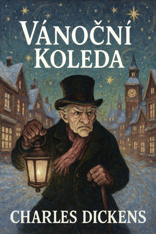Book cover for 'Vánoční koleda' by Charles Dickens, featuring an illustrated Victorian man in a top hat and coat holding a lantern in a snowy village at night.