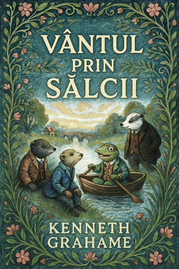Book cover of 'Vântul prin sălcii' by Kenneth Grahame with animals in a boat and decorative border.