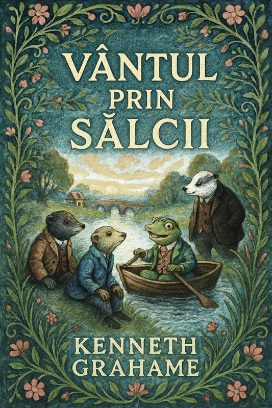 Book cover of 'Vântul prin sălcii' by Kenneth Grahame with animals in a boat and decorative border.