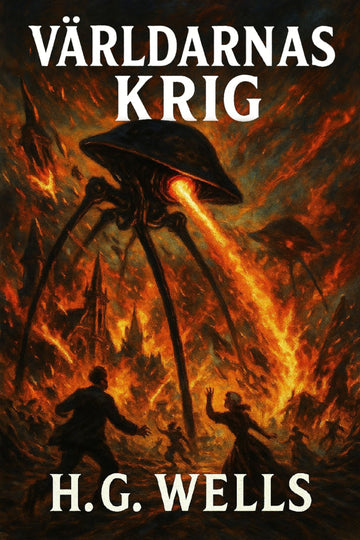 Book cover of 'Världarnas krig' by H.G. Wells with a giant alien creature and fiery background.
