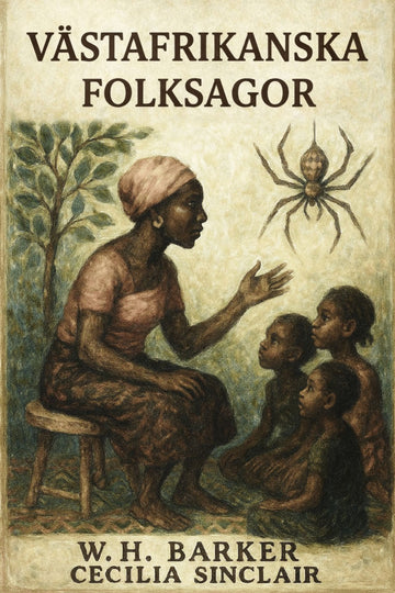 Book cover of 'Västaffrikanska folksagor' with illustration of a woman and children, featuring a spider.