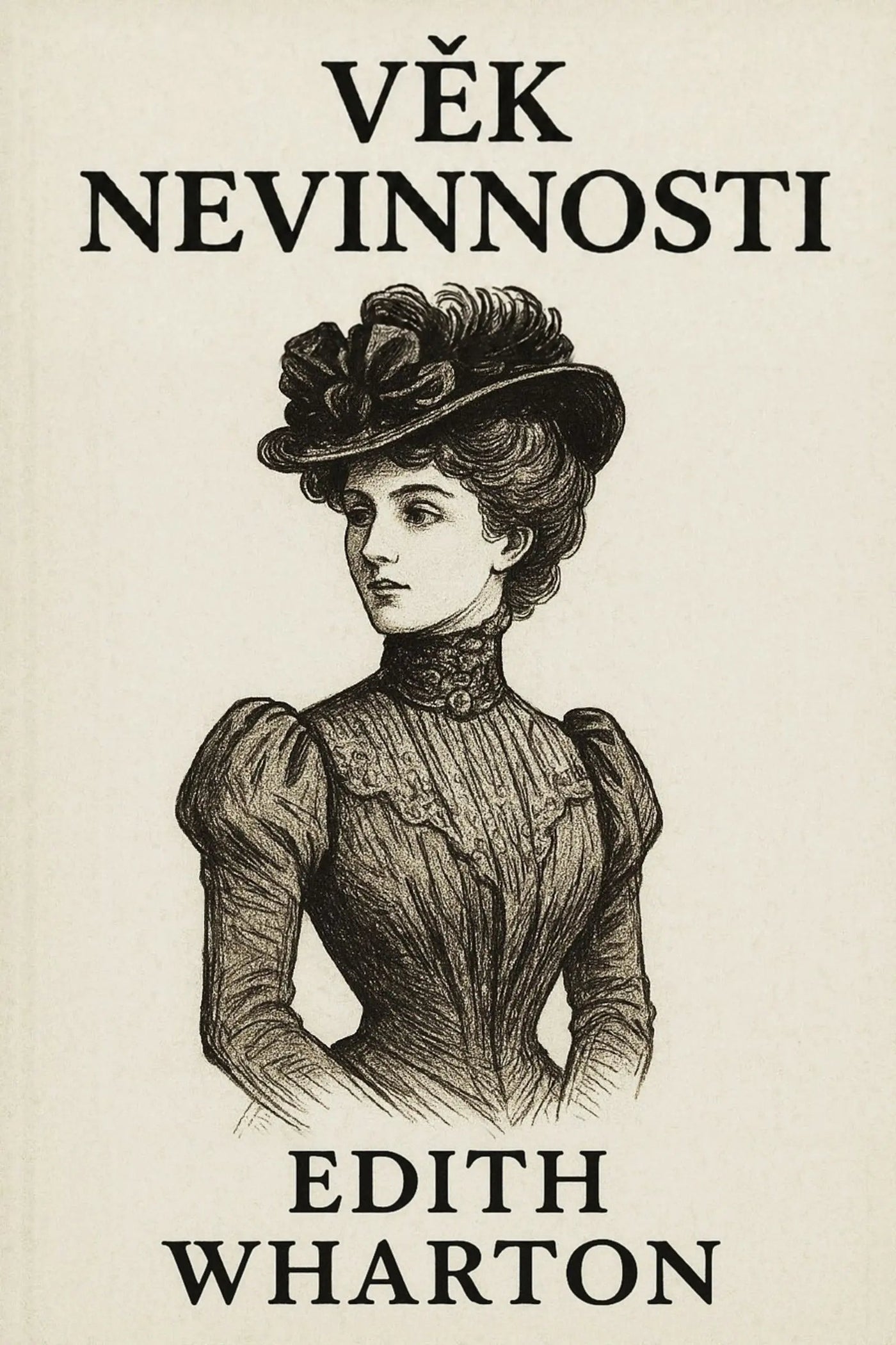 Vintage-style book cover for 'Věk nevinnosti' featuring a black ink illustration of a woman in a high-neck dress and floral hat on an off-white background.