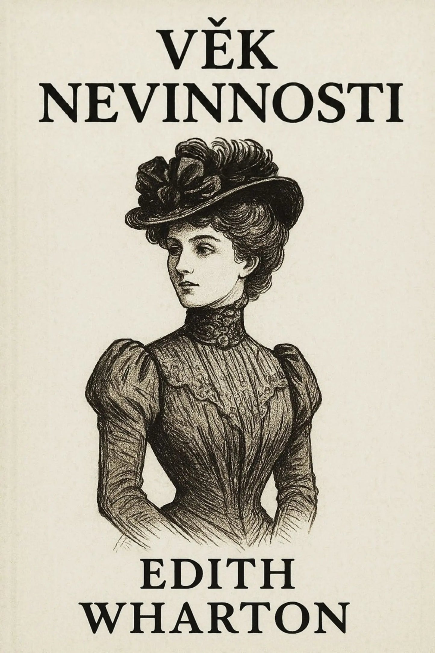 Vintage-style book cover for 'Věk nevinnosti' featuring a black ink illustration of a woman in a high-neck dress and floral hat on an off-white background.