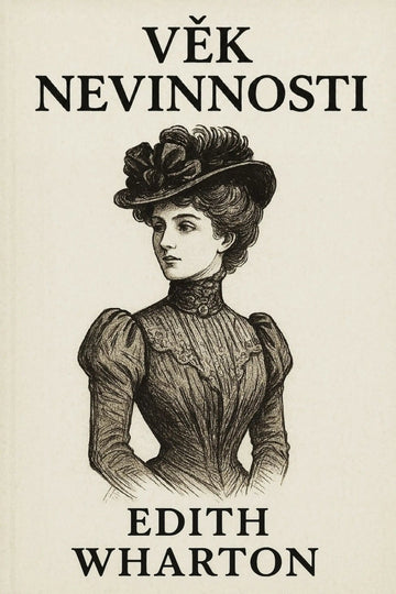 Vintage-style book cover for 'Věk nevinnosti' featuring a black ink illustration of a woman in a high-neck dress and floral hat on an off-white background.