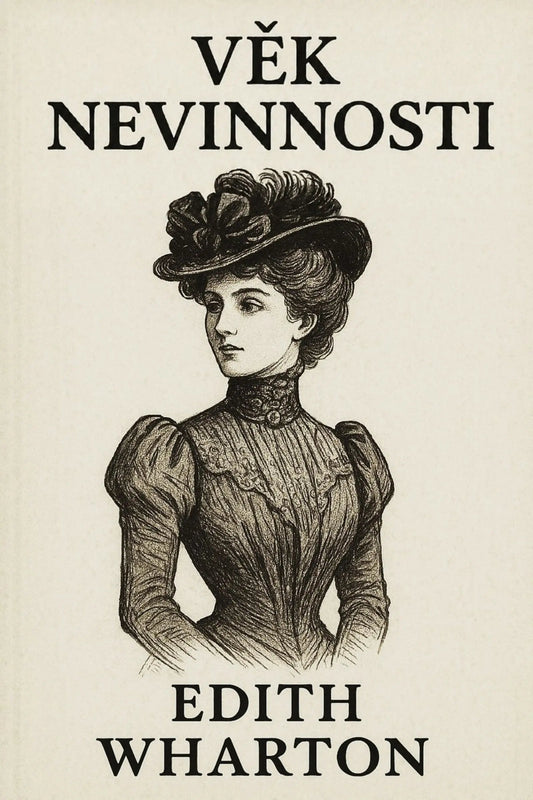 Vintage-style book cover for 'Věk nevinnosti' featuring a black ink illustration of a woman in a high-neck dress and floral hat on an off-white background.