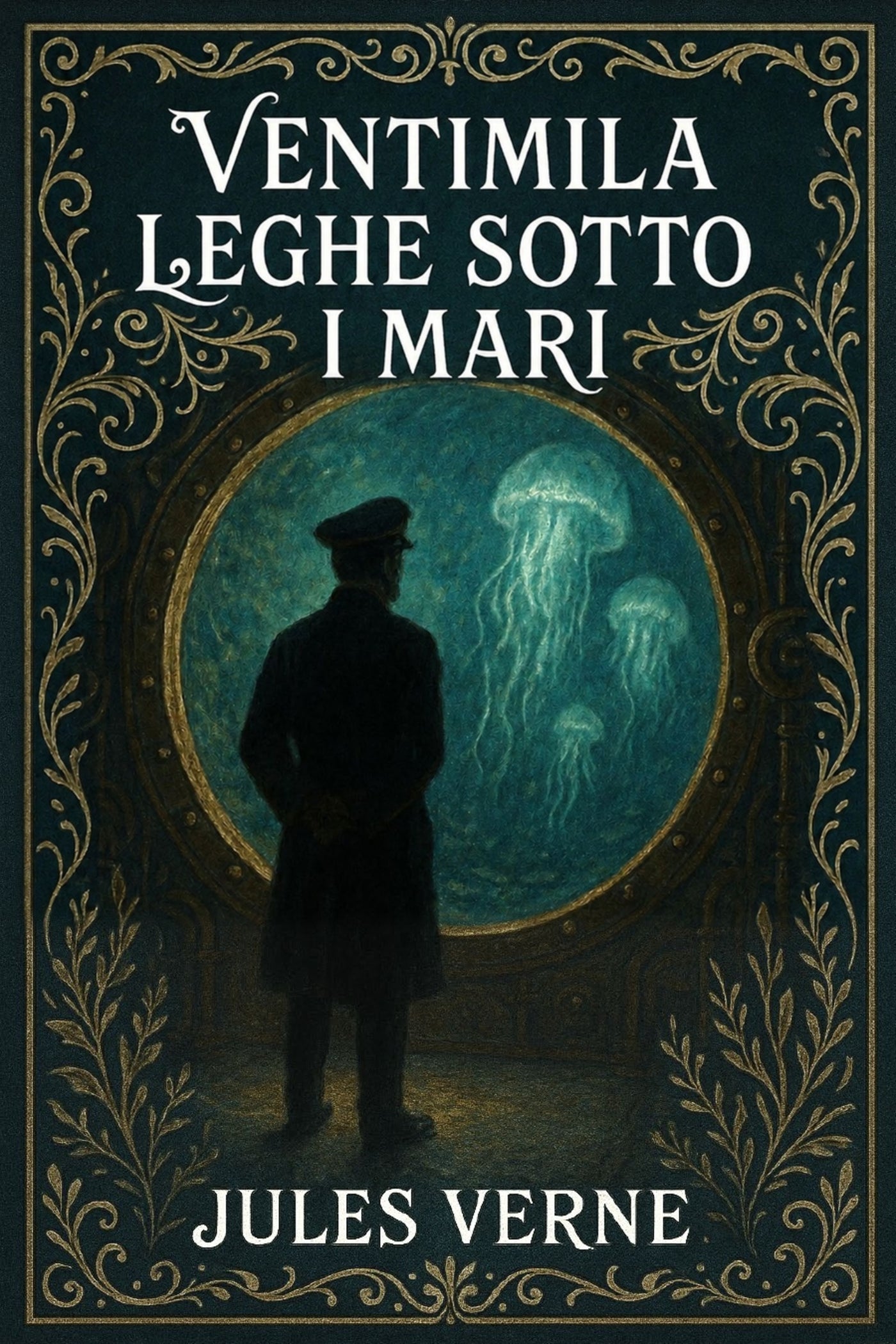 Book cover of 'Ventimila leghe sotto i mari' by Jules Verne with a silhouette of a person and a jellyfish.