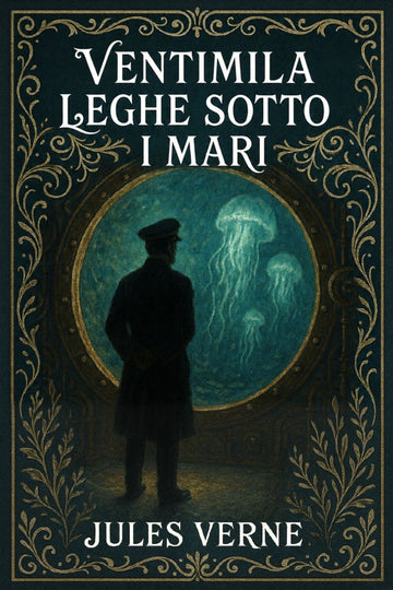 Book cover of 'Ventimila leghe sotto i mari' by Jules Verne with a silhouette of a person and a jellyfish.
