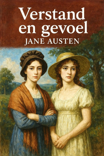 Book cover for Jane Austen's 'Verstand en gevoel' featuring a painted portrait of two young women in historical clothing against a landscape, with the title in large white text on a dark reddish-brown banner at the top.