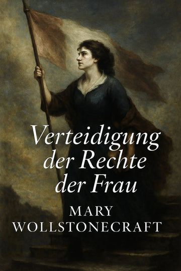 Book cover for 'Verteidigung der Rechte der Frau' by Mary Wollstonecraft, featuring a classical painting of a woman holding a flag against a dark, smoky background with white title text.