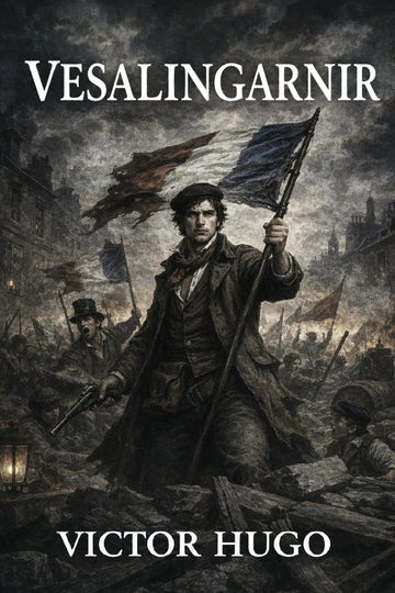Book cover for 'Vesalingarnir' by Victor Hugo, featuring a dark, dramatic historical illustration of a man holding a flag in a battle scene, with the title and author name in white text.