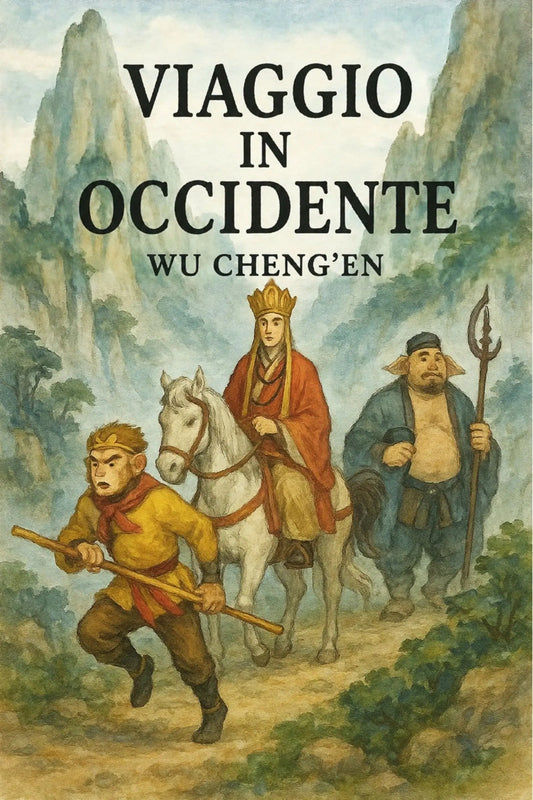 Book cover for 'Viaggio in Occidente' by Wu Cheng'en, featuring an illustration of three figures traveling through a mountainous landscape. A robed figure on a white horse is central, followed by two others carrying staffs, with large black title text at the top.