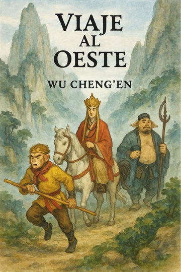 Book cover of 'Viaje al Oeste' by Wu Cheng'en featuring three characters on a mountain path.