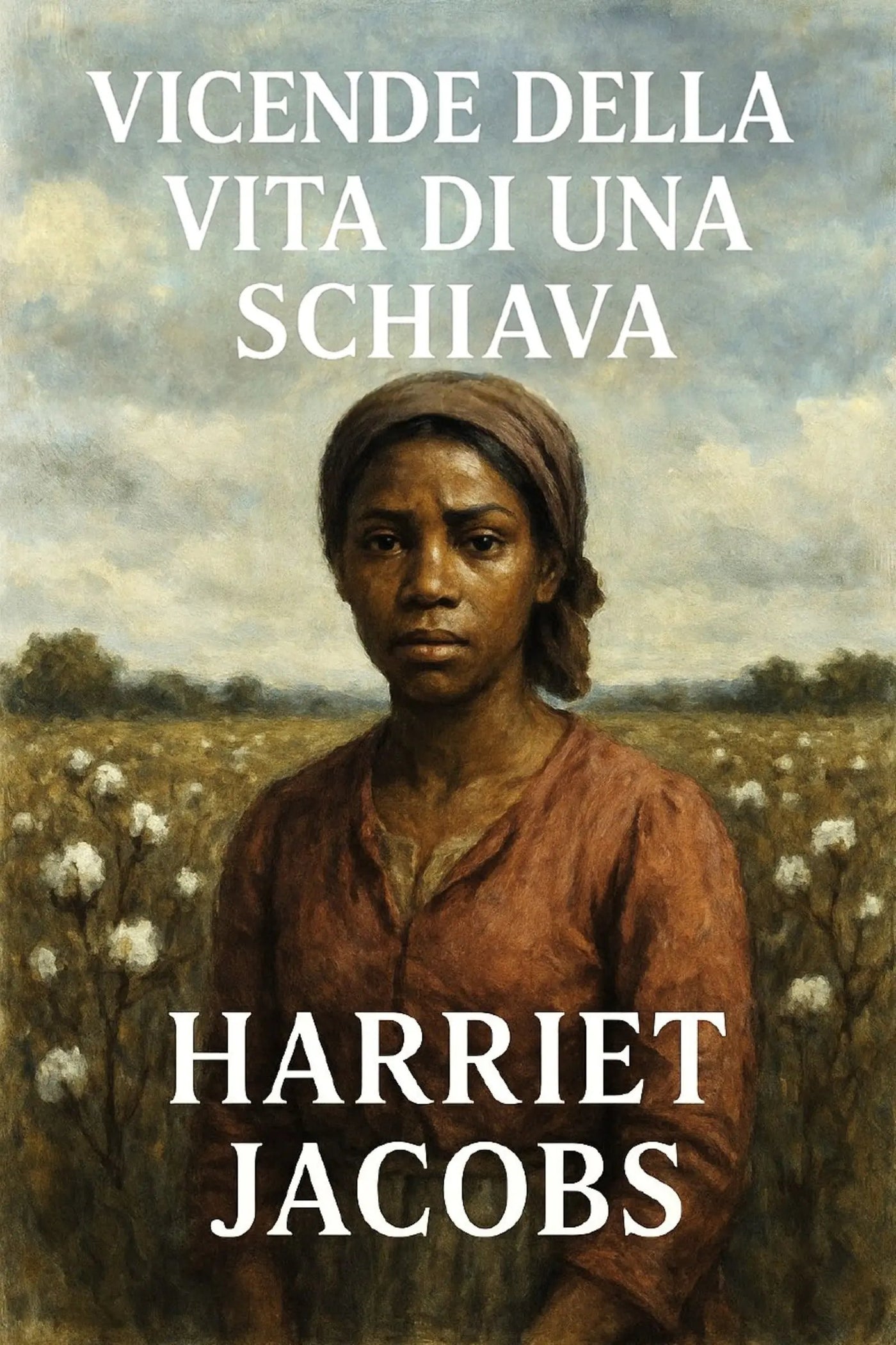 Book cover for 'Vicende della vita di una schiava' by Harriet Jacobs, featuring a painted portrait of a woman in a field with white text over the top and title, and the author's name at the bottom.