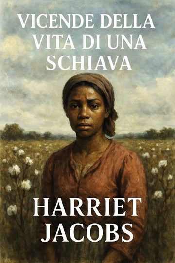 Book cover for 'Vicende della vita di una schiava' by Harriet Jacobs, featuring a painted portrait of a woman in a field with white text over the top and title, and the author's name at the bottom.
